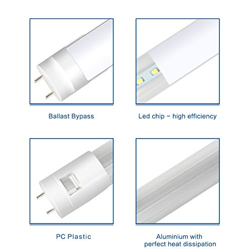 DIKAIDA 4 Pack T8 Led Light Tube, 4FT, 18W (40W Equiv), 2000Lm, 6500K Cool White Fluorescent Replacement with White Cover, Dual-End Powered, Without Ballast, Garage, Warehouse, Shop Light