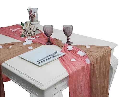 2 Pcs 1 Beige & 1 Rotten Apple Cheesecloth Table Runner with Rose Petals - Gauze Table Runner 13.3 Ft - Rustic Table Runner Boho for Baby Shower Decorations, Bridal Shower, Wedding Decorations