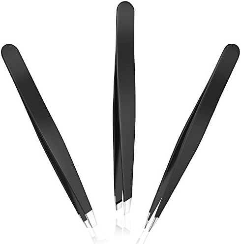 Hard Crafts Tweezers Set, 3 Pcs Slant Flat Pointed Professional Stainless Steel Tip Tweezers with Travel Case, Best Precision Eyebrow Tweezers and Ingrown Hair Remover for Both Women and Men