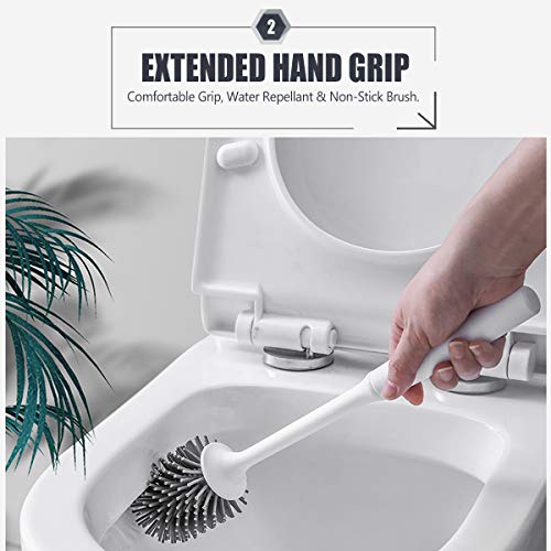 Sysmie Toilet Brush and Holder with a Replacement Head, Silicone Bristles Bathroom Toilet Bowl Brush and Caddy Kit with Bonus Cleaning Gloves - (White, Flooring/Wall Mountable) - Thumbnail 2