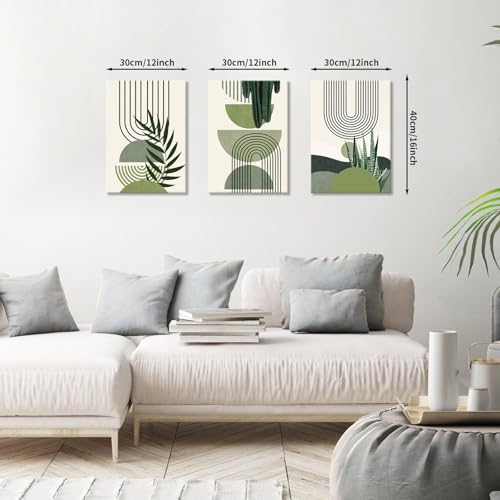 3 Pieces Modern Paintings Sage Green Boho Print on Canvas with Frame Abstract Aesthetic Green Plant Canvas Painting Wall Poster Wall Decor Living Room Bedroom 30 x 40 x 3