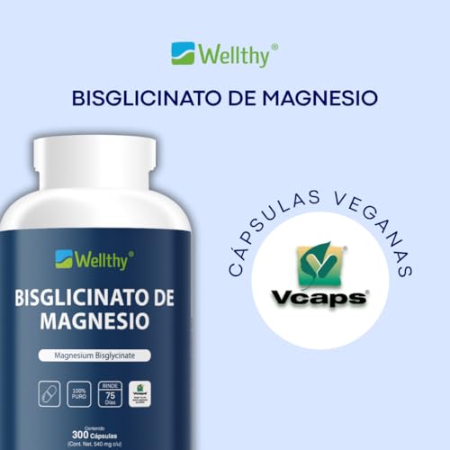Wellthy Bisglicinato de Magnesio 300 Cápsulas 432mg. 100% Natural, Alta Absorción, VCaps Cápsulas Veganas.