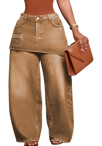 Famnbro Womens Wide Leg Cargo Jeans Baggy Overlay Skirt Denim Pants Brown at Amazon