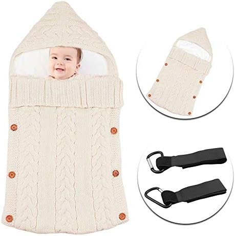 MiniGreen Baby Swaddle,Unisex Envelope Newborn Babies Toddler 0-12 MonthsInfant Sleeping Bags Light Weight Thicken Soft Warm Crochet Knitted Lamb Cashmere Blanket Stroller Wrap and 2 Buggy Clips,Beige