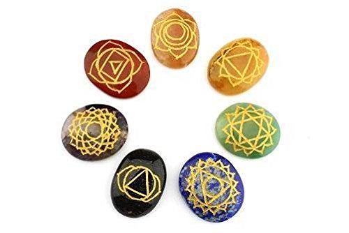 Purpledip Seven Chakra Healing Stones Set Of 7: Reiki Healing Crystals With Engraved Chakra Symbols; Holistic Balancing Polished Palm Stones (10904)