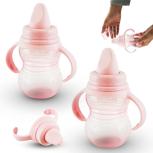 HOVUK 2PCs Pink Children Sippy Cup 290ml/10oz - Twin Handle Plastic Cup for Milk, Water and Juice, Sippy Bottle with Handles, BPA Free Trainer Cup for 6+Months