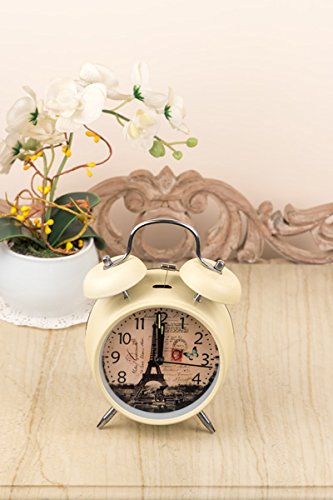 White Vintage Paris Table Clock Gifts Twin Bell Table Alarm Clock Table Decorative Centre Piece-Ideal Gift for, Wedding, Party, Home Decor, Living Room, Office.