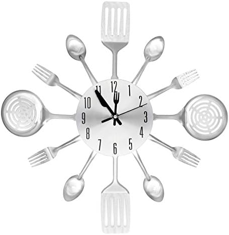 [2017 Version] EasyHoKi Large Kitchen Metal Wall Clock (16 in) with Non-ticking Design, Indoor/Outdoor (Silver)