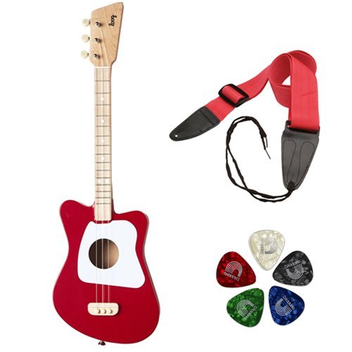 LOOG Mini Guitar for Children (Red) with GSA10RD Guitar Strap and Planet Waves Guitar Pick Assortment 10-Pack Bundle