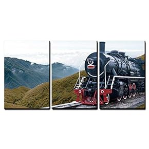 3 Piece Canvas Wall Art - Vintage Black Steam Powered Railway Train - Modern Home Art Stretched and Framed Ready to Hang - 16"x24"x3 Panels