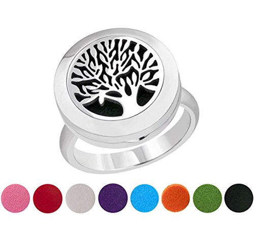 FLYMEI Tree of Life - Premium Aromatherapy Essential Oil Diffuser Locket (20mm) Ring with 8 Washable Pads - Hypo-allergenic 316L Surgical Stainless Steel Jewelry Gift Set