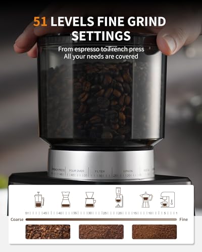 SHARDOR Stainless Steel Electric Cone Grinder, 51 Levels of Fine Grinding, 3-in-1 Coffee Grinder, Updated with Powder Holder, Coffee Grinder, Cone Grinder, LCD Screen and Large Capacity