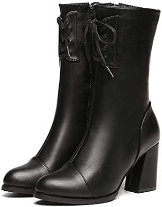 York Zhu Womens Boots - Round Toe Lace up Wild Leather High Heel Boots Black