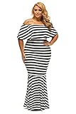 Lady Swain Women's Striped Off Shoulder Ruffle Tube Plus Size Mermaid Maxi Dress