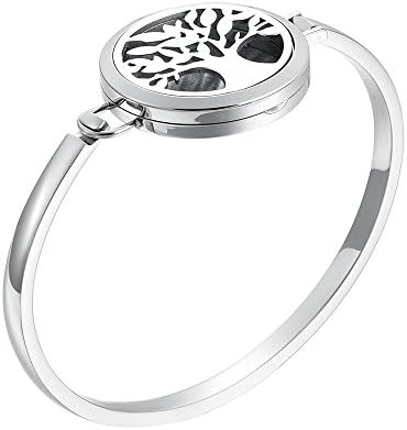 Aromatherapy Essential Oil Diffuser Locket Bangle Bracelet with Pads, Hypo-allergenic 316L Stainless Steel, Tree of Life, Gift Set
