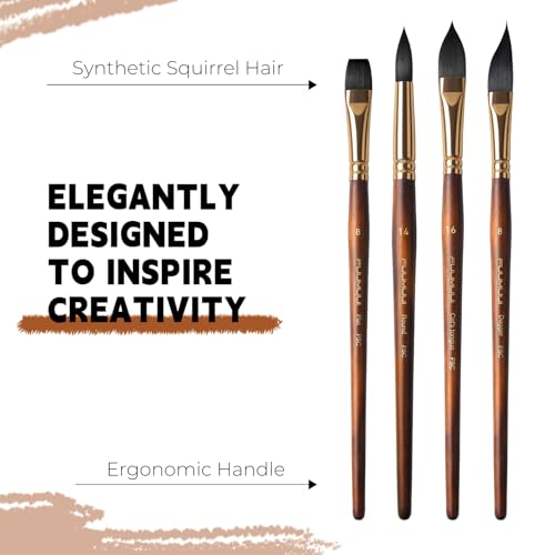 Watercolor Brushes Professional, Fuumuui 10Pcs Synthetic Squirrel Hair Water Color Paint Brush Set for Artists - Flat, Round Pointed, Dagger, Cats Tongue Oval Wash for Watercolor Gouache Inks Painting