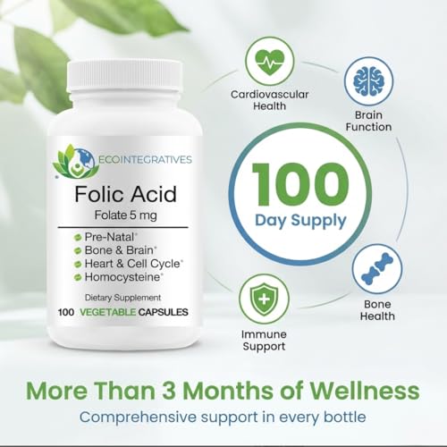 EcoIntegratives Folic Acid Folate 5mg (B9) Prenatal, Reproductive Health, Homocysteine, Metabolism, Cardiovascular, Bone, Immune Support, Allergen Free, Non GMO - 100 Vegan Capsules