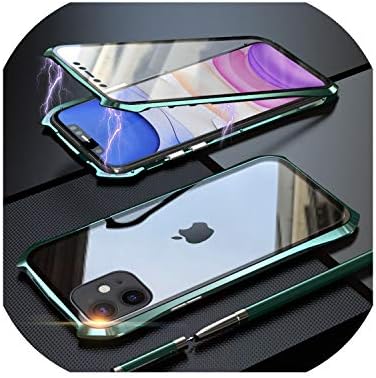 Double Sided Back+Front Glass Magnetic Case for Apple for iPhone 11 Pro Max Luxury Aluminum Metal Bumper 360 Protective Cover Coque,for iPhone 11 Pro,Green