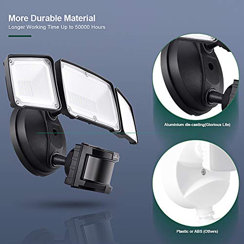 LED Security Lights, 35W Motion Sensor Light Outdoor, GLORIOUS-LITE 3 Head Flood Light with Dusk to Dawn Mode, 5500K-6000K, IP 65 Waterproof, ETL Certified for Garage, Yard, Porch, Entryways - Black