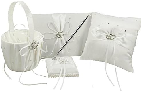 4pcs Sets Wedding Guest Book +Pen Set +Flower Girl Basket + Ring Pillow，Double Heart Rhinestone Elegant Wedding Ceremony Set for Wedding Decoration Supplies