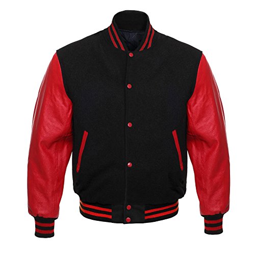 Design Custom Jackets Letterman Baseball Varsity Jacket Red Leather Sleeves (L, Black)