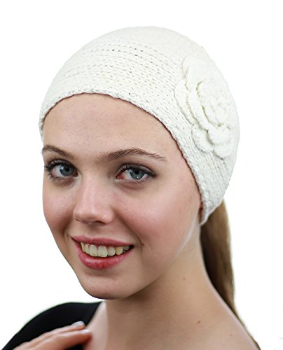 NYFASHION101 Floral Hand Knitted Button Closure Winter Headband Headwrap, White