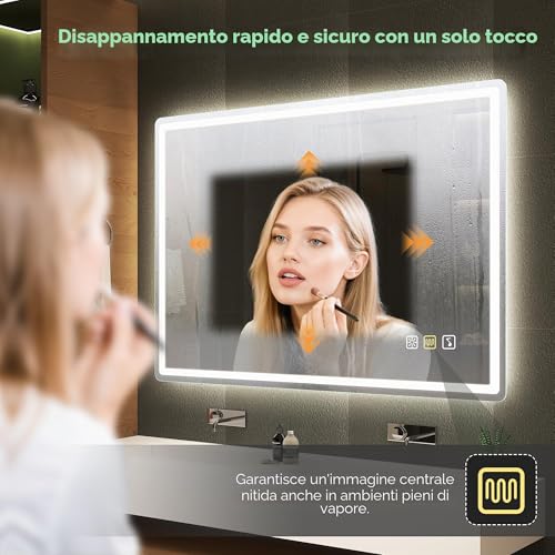 S'bagno Bluetooth-Mirror-Bathroom-with-Light-LED-100 x 70 cm, Mirror-Bathroom-LED-Anti-Fog, 3000K-6500K, Dimmable, Memory, Tempered Glass HD, IP44-Mirror-Backlit-Bathroom, Horizontal/Vertical