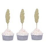 Giuffi Set of 24 Golden Feather Cupcake Toppers Boho Party Picks
