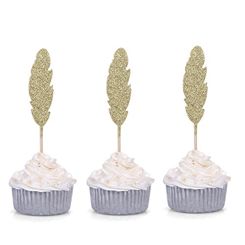 Giuffi Set of 24 Golden Feather Cupcake Toppers Boho Party Picks