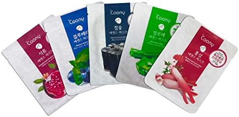 Coony Activated Real Nature Anti-Blackhead/Wrinkle Facial Peel Off Mask (Charcoal, Aloe, Blueberry, Pomegranate, Red Ginseng) 23Gm Each (Pack Of 5)