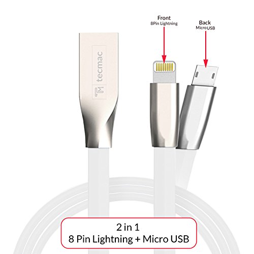 tecmac Zinc Alloy Metal TPE Cord Diamond Shaped 2 in 1 8 Pin Lightining and Micro USB Data Charging Cable for iOS Android Devices, 1 Mtr, White