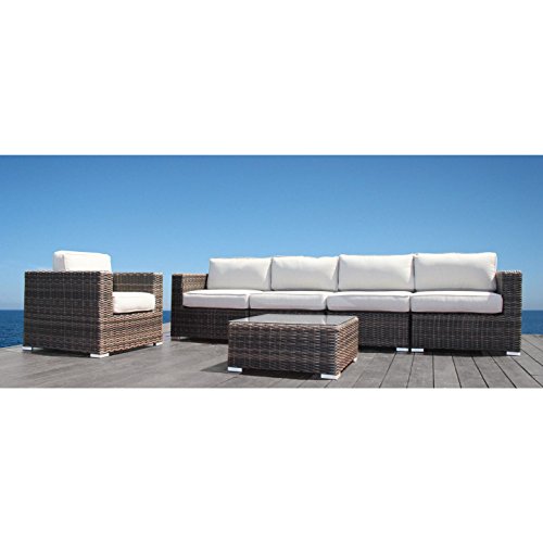 Living Source International Camden Sofa Club Set Lounge Set Wicker Aluminium Frame Sofa Set Cushioned Sectional Outdoor Garden Patio Furniture (5 Pieces, Camden Brown)