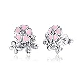 BAMOER 925 Sterling Silver Poetic Daisy Cherry Blossom Earring Studs Pink Enamel with Clear CZ for Women