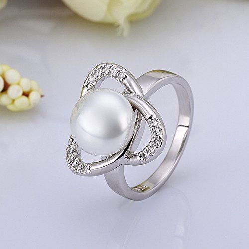 Fashion 925 Sterling Silver Swarovski Crystal Pearl Wedding Ring Size 7,8 LR004 (Silver, US 8)