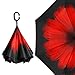 BAGAIL Double Layer Inverted Umbrella Reverse Folding Umbrellas Windproof UV Protection Big Straight Umbrella for Car Rain Outdoor with C-Shaped Handle (Red Flower)