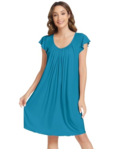 NACHILA Women's Nightgowns-Viscose Made from Bamboo, Nightshirt Pleated Sleepshirt Cool Pajama Dress Soft Sleepdress Teal Blue M at Amazon