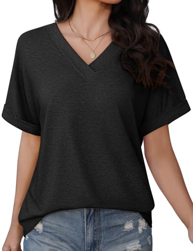 PASUDA T-shirts Women Short Sleeve Blouse V Neck Women Summer T-Shirt Elegant Loose Basic Top Solid Color T Shirts Blouse Casual Shirts Comfortable Tee