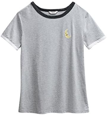 Maddie Big Girls' Retro Tee with Moon Embroidery, Grey, Medium