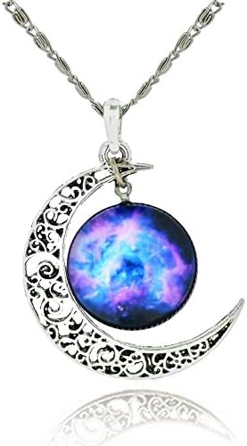 Galaxy & Cosmic Moon Pendant Necklace, Purple Glass, 17.5'' Chain - Best Gift for Your Wife, Friend, Girlfriend, Grandma for Birthday, Mothers Day or Special Occasion