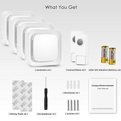 Wireless Doorbell Kit, Coolqiya Door Bell Chime with 2 Waterproof Transmitters and 4 Plug-in Receivers for Home 52 Ringtones