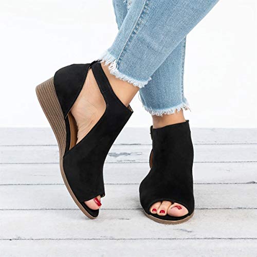 PiePieBuy Women's Cut Out Espadrille Platform Wedge Sandals Ankle Strap Peep Toe Suede Shoes - Thumbnail 2