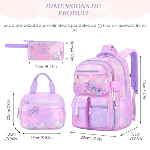 Amythe Set of 3 Teen Girls School Bag | School Bag Lunch Bag Pencil Case School Travel 15.6 Inches Portable Purple