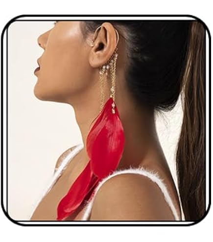 Red Feather Ear Cuff - Boho Statement Earring Red Feather Ear Cuff: Gold Brass Boho Ear Clip (SINGLE) - Etsy main image 3