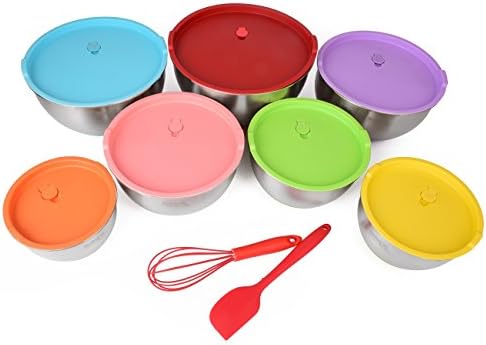 MIXING BOWL SUPER SET With Lids - Stainless Steel, Nesting for Easy Storage, Non-Slip Silicone Bottom, 7 Polished Mirror Finish Bowls – FREE Whisk &amp; Spatula (by KitchenPalz)
