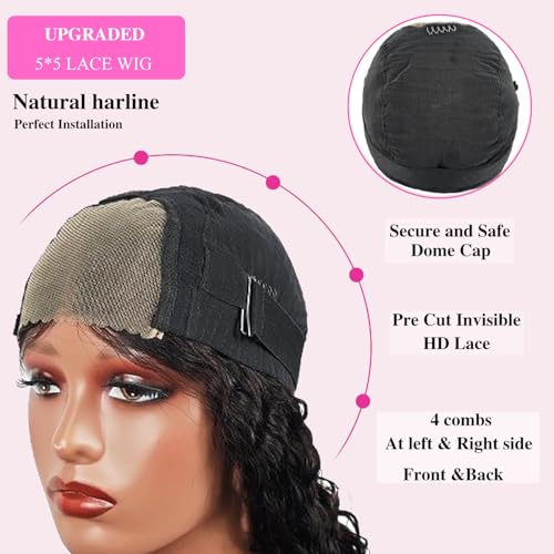 Fronbanis Bob Wig Human Hair Glueless Wigs Human Hair Pre Plucked Pre Cut 5x5 Short Curly Human Hair Wig For Black Women 180 Density Deep Wave Closure Wigs Human Hair 14 Inches Natural Black