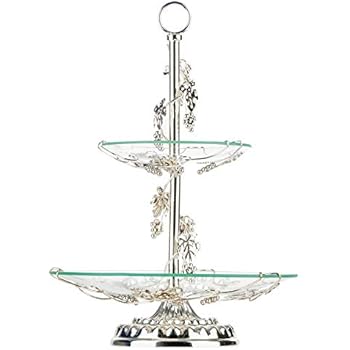 Fruit Bowl and Cake Stand,OKOMATCH 2 Tier Serving Platter With Round Glass Plate & Golden Stainless Steel Holder for Gift Giving/Birthday/Party/Wedding/Home(Silver)