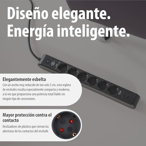Brennenstuhl 6-Outlet Power Strip with USB and Surge Protection (Power Strip with 1x USB C PD 20W for Fast Charging and 1x USB A 20W, Switch, 2m Cord) Black