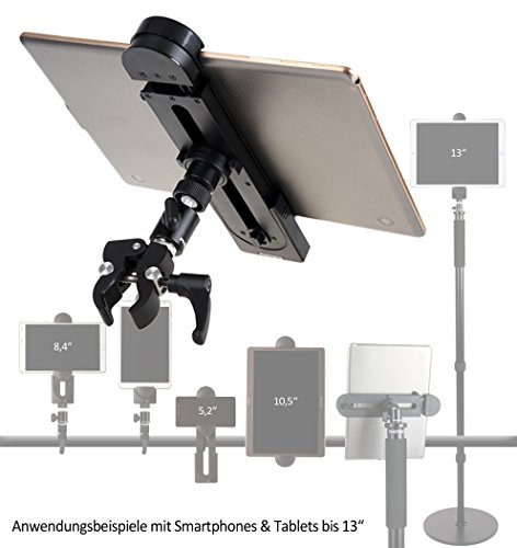 Photecs® Universal Tablet-Halterung Pro V1B, Halter f. iPad Pro 12,9" oder andere Tablets und Smartphones von 5" bis 14 Zoll, Befestigung von Tablet-PC als Monitor an Stativ, Mikrofon-Ständer etc. – Bild 3
