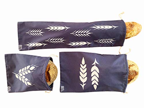 Cotton Bread Bags for Artisan Homemade Bread - Reusable Food Storage - Baguette, Sandwich and Boule Loaf Size - Drawstring Bread Bag - Set of 3
