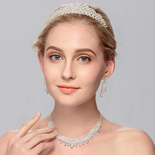 Bridal Tiara Crown Three-piece Wedding Bridal Crystal Jewelry Sets for Women or Bridesmaids(1 Set Earrings,1 PCS Necklace&Headwear)